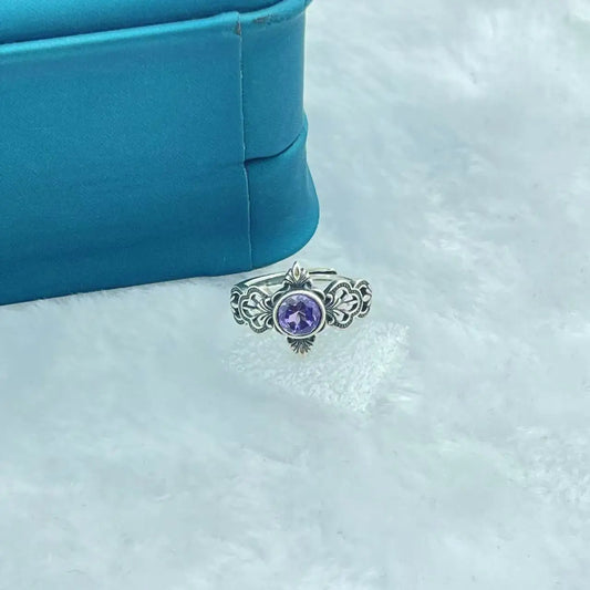 European and American S925 Silver Electroplated Retro Silver Inlaid Amethyst Fashionable and Trendy Opening Ring